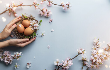 Hands holding the nest with Easter eggs on light blue background with pink flowering sakura branches. Happy Easter holiday, top view, flat lay