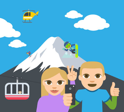 man and woman take a selfie with a smartphone against mountain landscape with snowboarder,skier,mountain cableway and helicopter