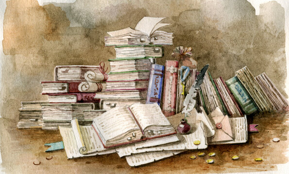 Old books and scrolls painted in watercolor. A still life made of ancient folios, scrolls, an inkwell with a pen and gold coins. An open book surrounded by scrolls and ancient volumes.