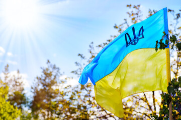 flag of Ukraine against the sky and trees. flag of country was installed near the Ukrainian's house. Independence Day