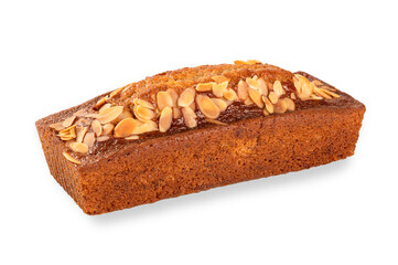 banana cake with almonds on top isolated on white background.