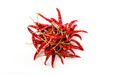Fototapeta premium Dry red chili pepper isolated on white background. top view