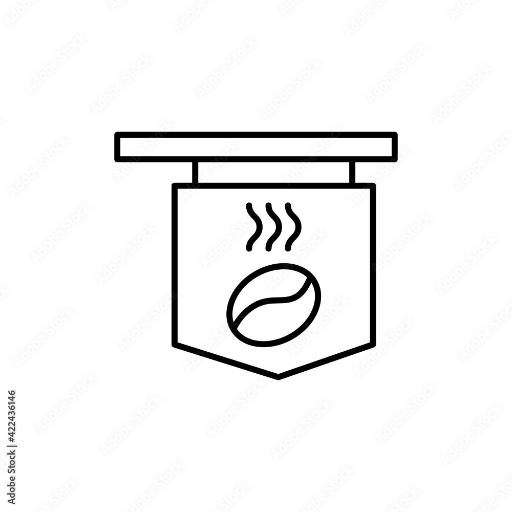 Sticker Coffee shop signboard icon in flat black line style, isolated on white 