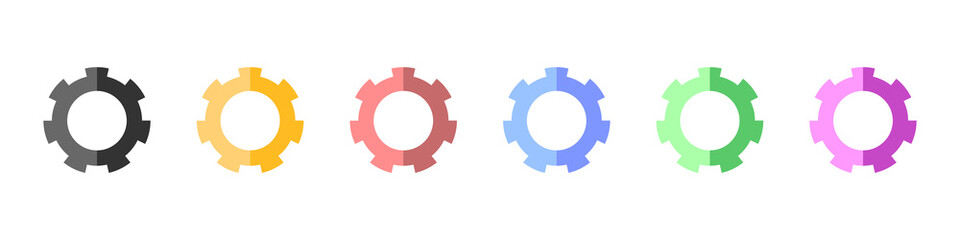 Gears vector set. Multicolored gears in a flat style set. Set of trendy colored gears icons isolated on white background. Vector illustration.