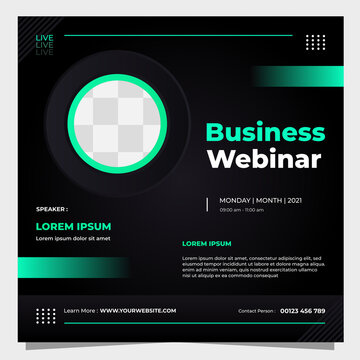 Social media post template for business webinar, digital marketing, conference event etc. With black and green modern background