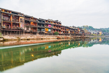 Beautiful view of the riverbank in the early morning of Phoenix Ancient City, Xiangxi, Hunan, China