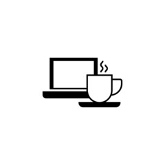 coffee cup and laptop icon in solid black flat shape glyph icon, isolated on white background 