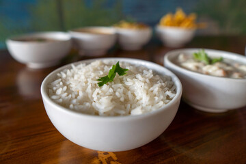 food bowls: rice, seafood, shrimp, beans, chips - side dishes