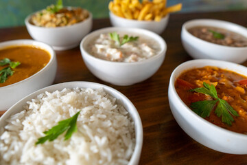 food bowls: rice, seafood, shrimp, beans, chips - side dishes