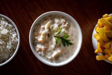 food bowls: rice, seafood, shrimp, beans, chips - side dishes