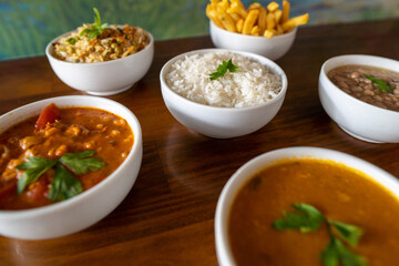 food bowls: rice, seafood, shrimp, beans, chips - side dishes