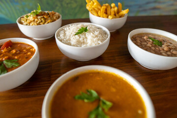 food bowls: rice, seafood, shrimp, beans, chips - side dishes