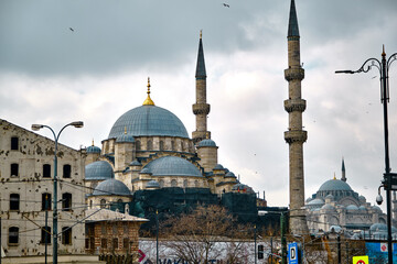 Fototapeta na wymiar Turkey istanbul 03.03.2021. Yeni Cami mosque in istanbul turkey during morning with seagulls.