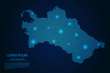 Abstract image Turkmenistan map from point blue and glowing stars on a dark background. vector illustration.