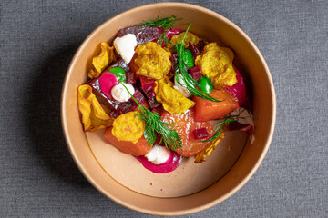 Take out rainbow beet salad with goat cheese and dill