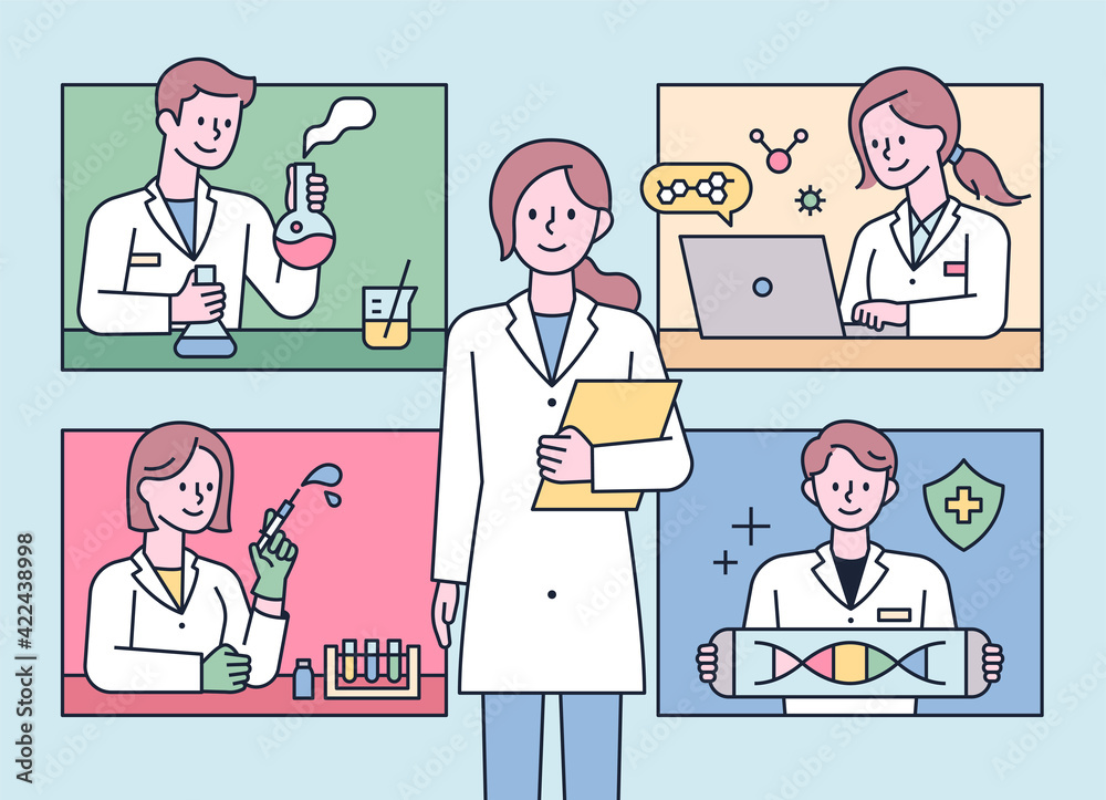 Wall mural researchers doing various experiments in the lab. flat design style minimal vector illustration.