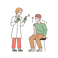 A man has been vaccinated and his immunity is rising. flat design style minimal vector illustration.