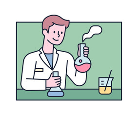 A male researcher is experimenting with a flask in his hand. flat design style minimal vector illustration.