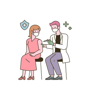 recommend clip art: A woman is getting a vaccine shot in her arm. flat design style minimal vector illustration.
