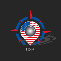 Map pointer or marker with compass and American flag icon. Travel USA logo.  Vector illustration.