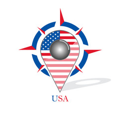 Map pointer or marker with compass and American flag icon. Travel USA logo.  Vector illustration.