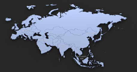 Eurasia map. Eurasian continents map 3D illustrations on a black background.