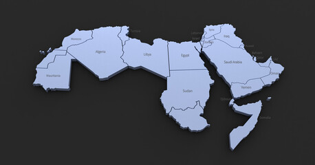 ARAB union map. map of arab countries 3d illustration on black background.