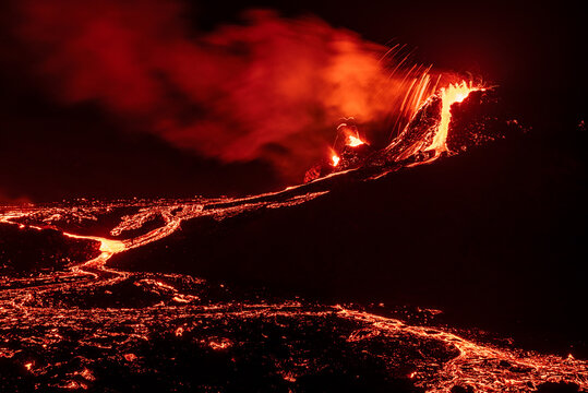 Fagradalsfjall volcanic eruption at night in Reykjanes peninsula around 40 kilometres from Reykjavik, Iceland