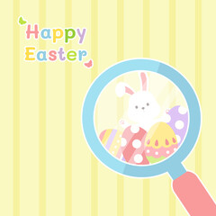 Happy easter greeting card and rabbit behind egg magnifying glass concept
