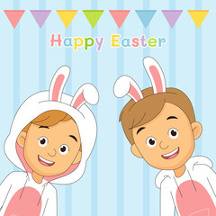 Little kids in bunny costume and easter eggs in basket