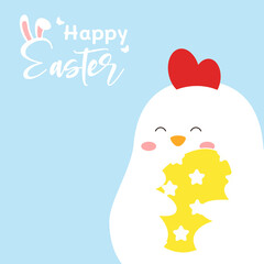 Chicken holds a yellow egg easter