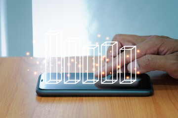 Business finance technology and investment concept with 3D graph pop up on smart phone. Stock Market, Investments, Funds analyst. Business finance background.