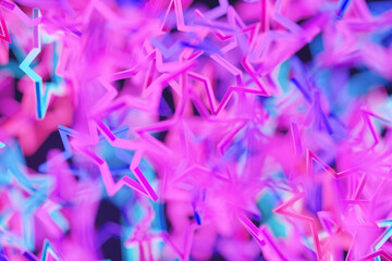 3d illustration of   blue, pink star fly  on  a black  background .  Shape pattern. Technology geometry  background