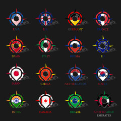 Map pointer or marker with compass and flags icons. Travel icon logo.  Vector illustration.