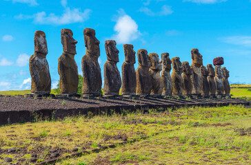 Moai statues of Ahu Tongariki on summer day, Easter Island (Rapa Nui), Chile.