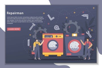 Vector illustration Repair and installation service with landing page concept. Repairman, engineers, technicians. Worker customer service. service concept for banner, website design, or web page