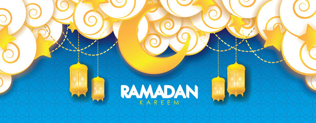 Ramadan Kareem Banner. Golden Star, Moon, and Lamp on Blue Background Vector Illustration for greeting card, poster and voucher.