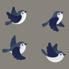 Flying set of little blue and white birds with different wing position  