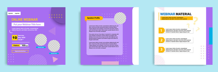 Set bundle collection of social media post template. Layout for online live webinar, conference, training, seminar, course, and learning video. Minimal modern and simple style.