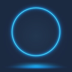 Neon circle with reflective glow, frame on dark background, vector illustration.