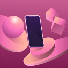 3D modern minimalist mockup. Smartphone on Podium for product presentation or showcase with spotlights on fresh color background. Vector Illustration.