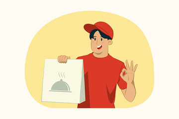 Delivery young man hold craft paper packet with food and do ok gesture concept
