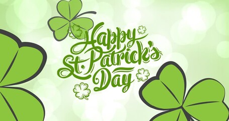 Animation of happy st patrick's day text and clover leaves over white spot lights on green - Powered by Adobe