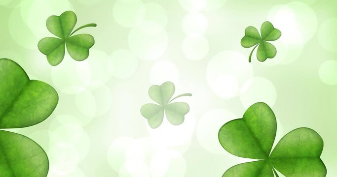 Animation of clover leaves falling over white spot lights on green background