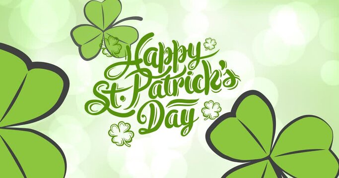 Animation of happy st patrick's day text and clover leaves over white spot lights on green