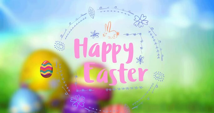 Animation of happy easter text in round frame over decorated easter eggs on out of focus background