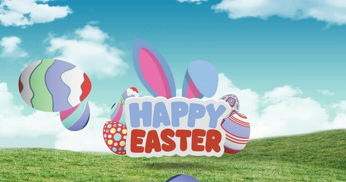 Animation of happy easter text with easter bunny ears and easter eggs on spring grass and sky