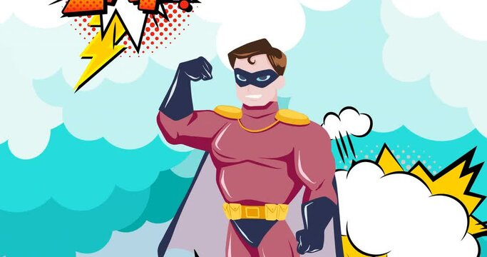 Animation of retro cartoon speech bubbles and superhero flying over blue clouds