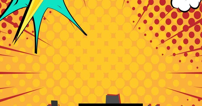 Animation of monkey with headphones with retro cartoon speech bubbles flying over cityscape