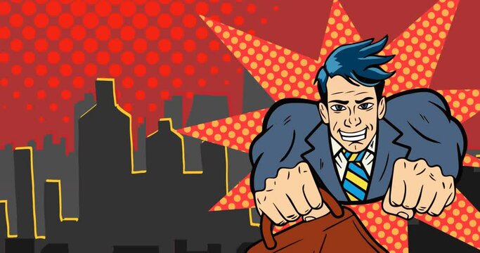 Animation of retro cartoon speech bubbles and superhero flying over cityscape on red background